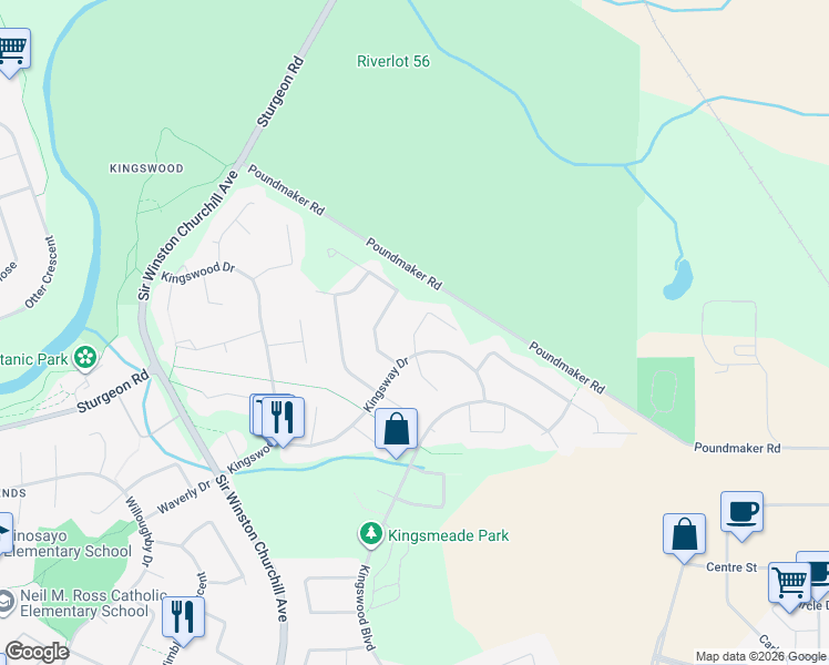 map of restaurants, bars, coffee shops, grocery stores, and more near 6 Kandlewick Close in St. Albert