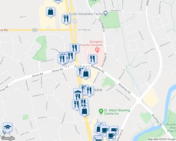 map of restaurants, bars, coffee shops, grocery stores, and more near 200 Boudreau Road in St. Albert