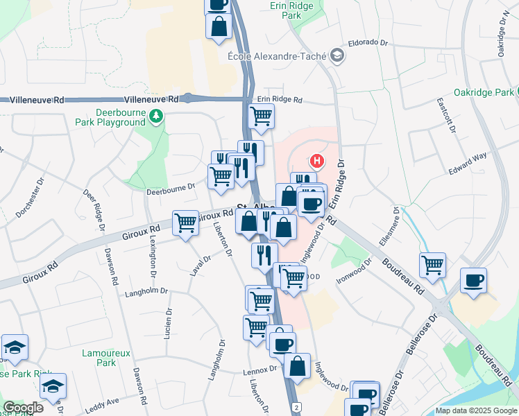map of restaurants, bars, coffee shops, grocery stores, and more near in St. Albert