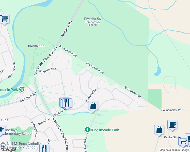 map of restaurants, bars, coffee shops, grocery stores, and more near 76 Kingsbury Crescent in St. Albert