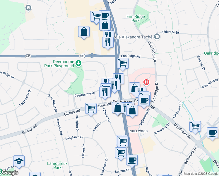 map of restaurants, bars, coffee shops, grocery stores, and more near 7 Deerbourne Green in St. Albert