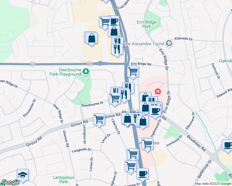 map of restaurants, bars, coffee shops, grocery stores, and more near 7 Deerbourne Green in St. Albert