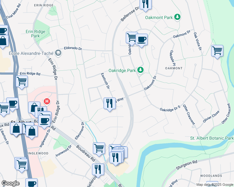 map of restaurants, bars, coffee shops, grocery stores, and more near 3 Elk Point in St. Albert