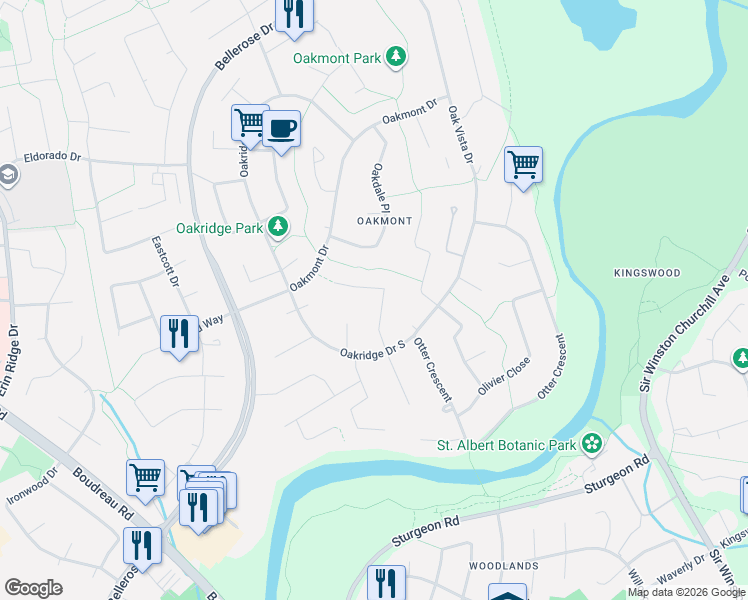 map of restaurants, bars, coffee shops, grocery stores, and more near 30 Outlook Place in St. Albert