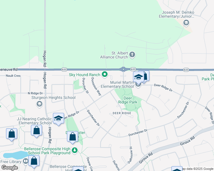 map of restaurants, bars, coffee shops, grocery stores, and more near 6 Duhaime Place in St. Albert