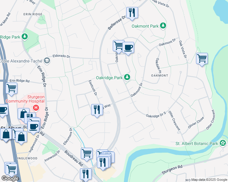 map of restaurants, bars, coffee shops, grocery stores, and more near 11 Orangewood Place in St. Albert