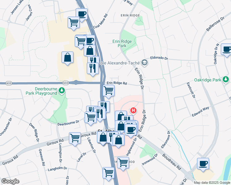 map of restaurants, bars, coffee shops, grocery stores, and more near 15 Erin Ridge Road in St. Albert