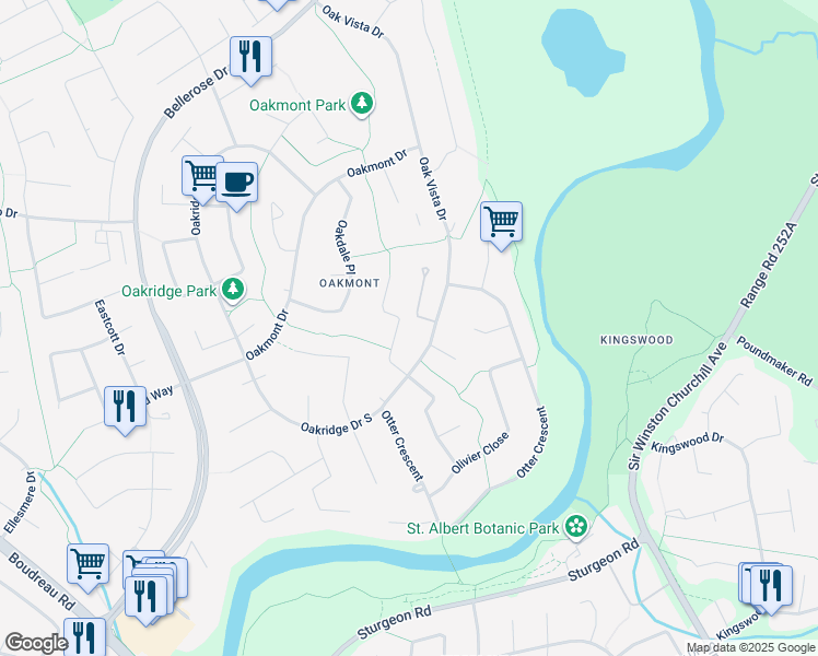 map of restaurants, bars, coffee shops, grocery stores, and more near 6 Overton Place in St. Albert