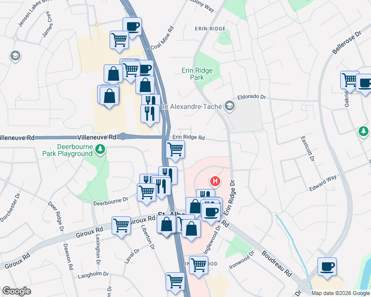 map of restaurants, bars, coffee shops, grocery stores, and more near in St. Albert