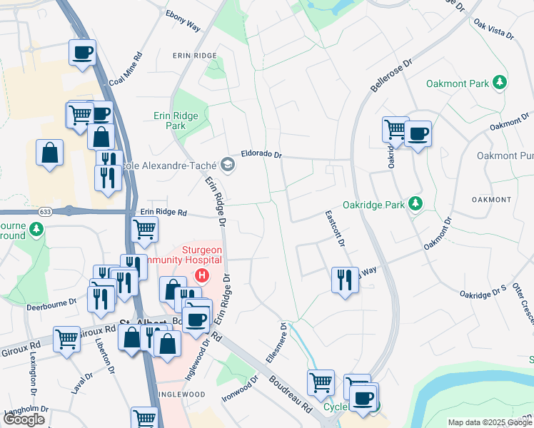 map of restaurants, bars, coffee shops, grocery stores, and more near 8 Eastbourne Close in St. Albert