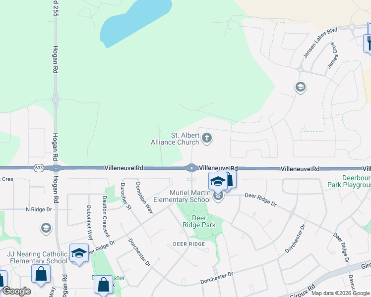 map of restaurants, bars, coffee shops, grocery stores, and more near 15 Dennison Drive in St. Albert