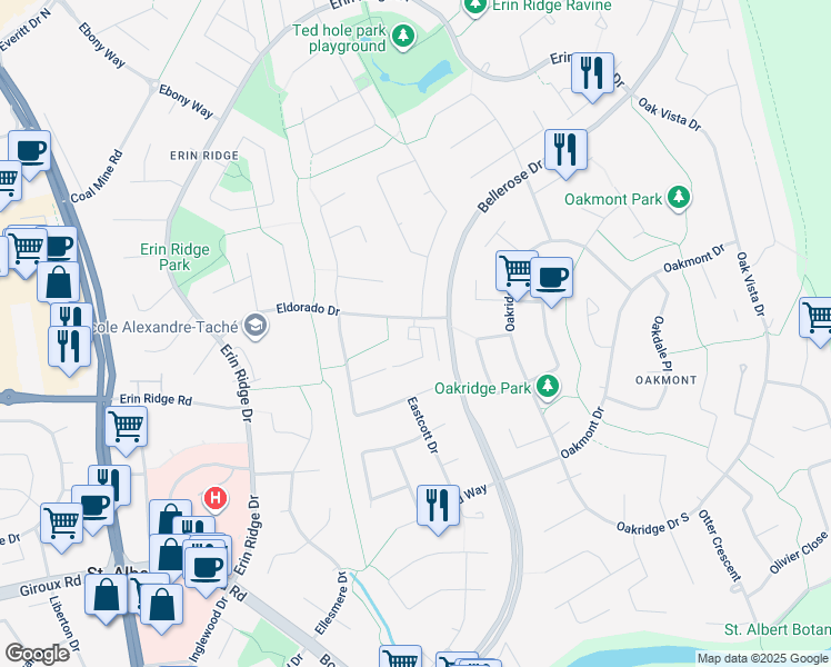 map of restaurants, bars, coffee shops, grocery stores, and more near in St. Albert