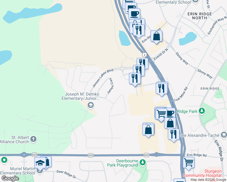 map of restaurants, bars, coffee shops, grocery stores, and more near 98 James Crescent in St. Albert
