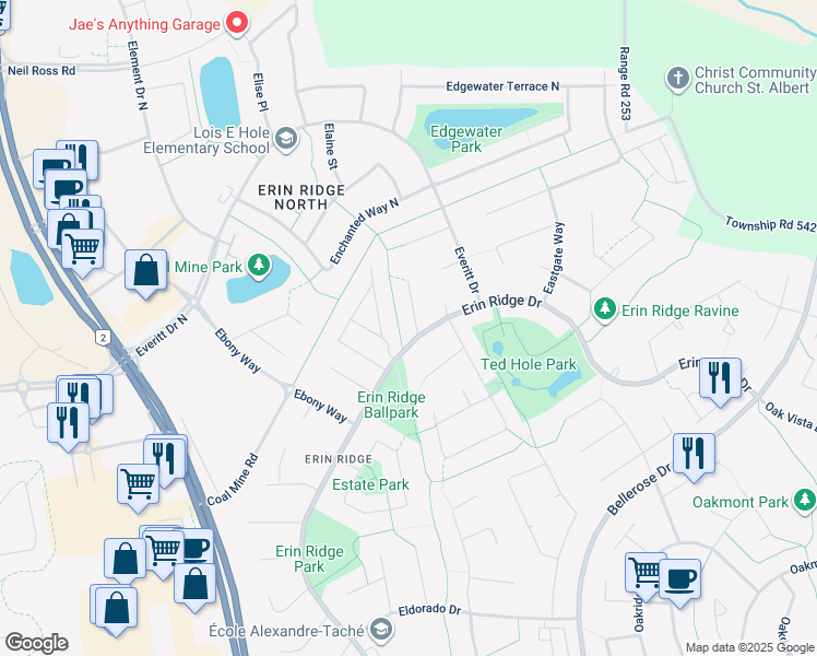 map of restaurants, bars, coffee shops, grocery stores, and more near 20 Everwood Close in St. Albert