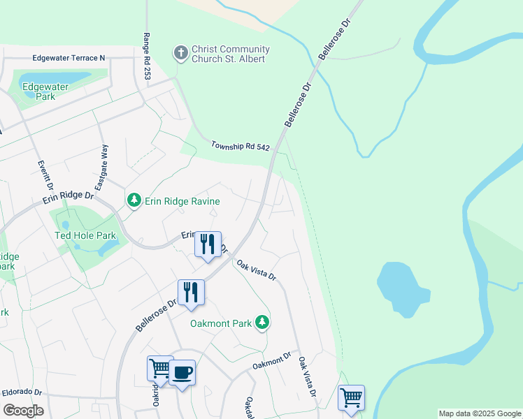 map of restaurants, bars, coffee shops, grocery stores, and more near 600 Bellerose Drive in St. Albert