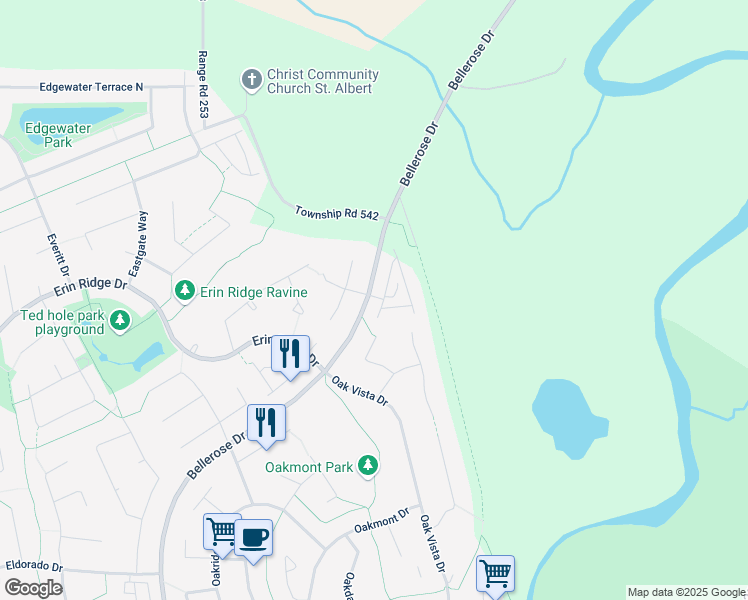 map of restaurants, bars, coffee shops, grocery stores, and more near 310 Bellerose Drive in St. Albert