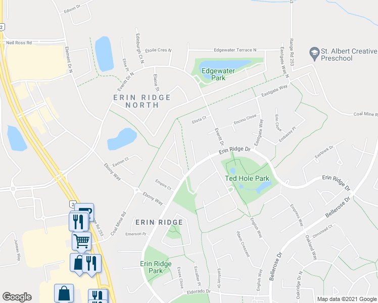 map of restaurants, bars, coffee shops, grocery stores, and more near 20 Everwood Close in St. Albert