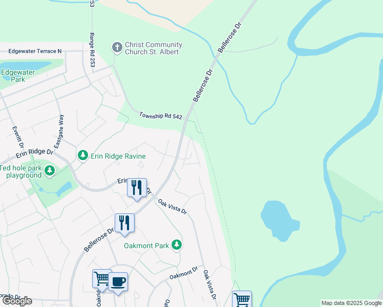 map of restaurants, bars, coffee shops, grocery stores, and more near 310 Bellerose Drive in St. Albert