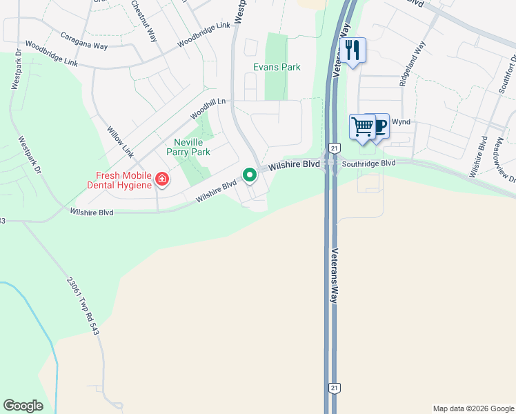 map of restaurants, bars, coffee shops, grocery stores, and more near 8501 Wilshire Boulevard in Fort Saskatchewan