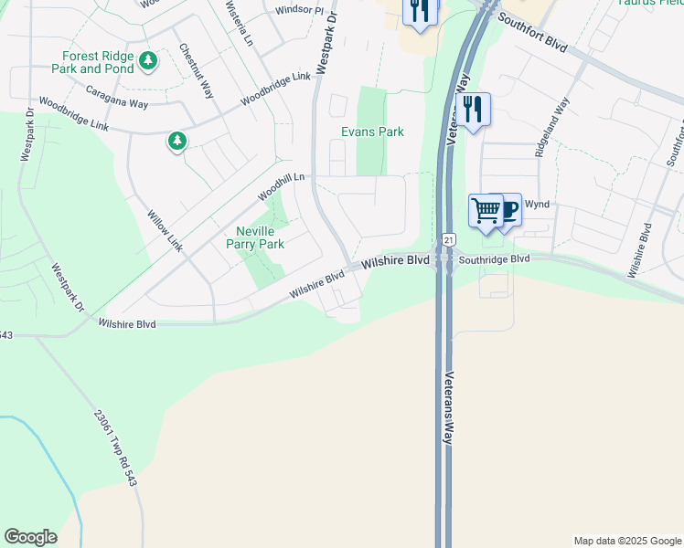 map of restaurants, bars, coffee shops, grocery stores, and more near 8301 Wilshire Boulevard in Fort Saskatchewan