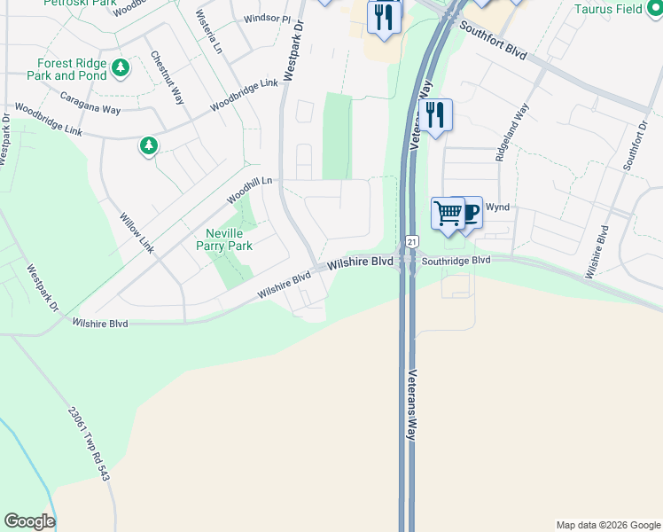 map of restaurants, bars, coffee shops, grocery stores, and more near Wilshire Boulevard in Fort Saskatchewan