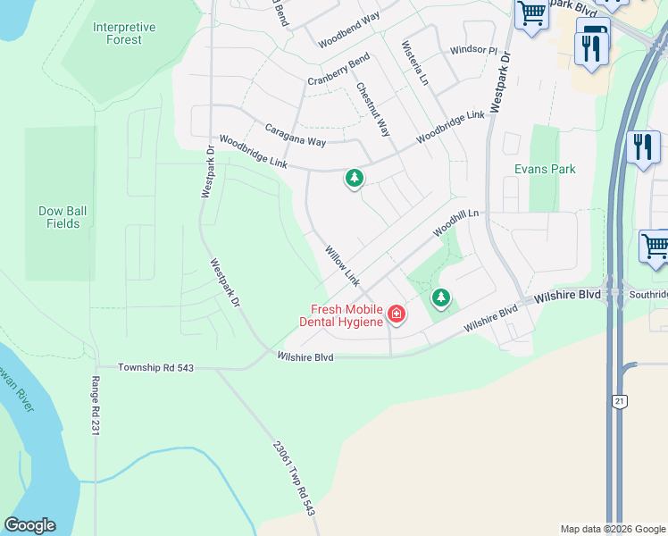 map of restaurants, bars, coffee shops, grocery stores, and more near 162 Woodhill Lane in Fort Saskatchewan