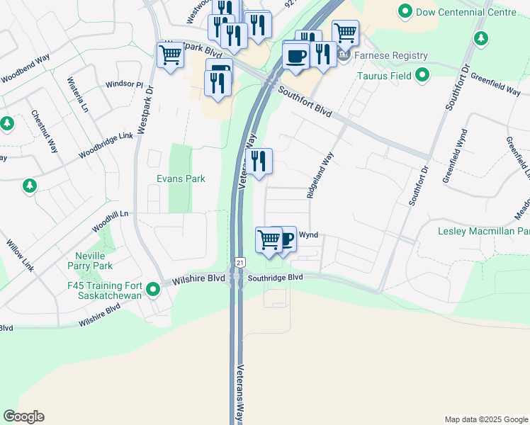 map of restaurants, bars, coffee shops, grocery stores, and more near Roseberry Lane in Fort Saskatchewan