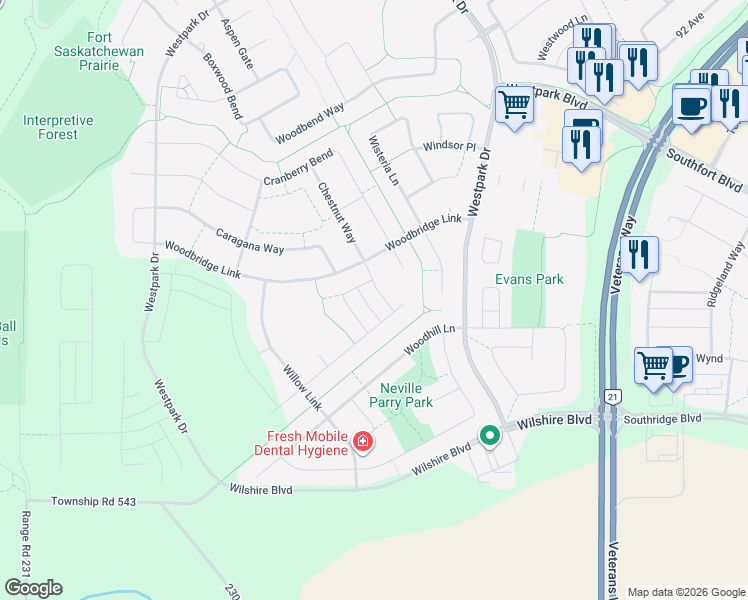 map of restaurants, bars, coffee shops, grocery stores, and more near 12 Hickory Road in Fort Saskatchewan