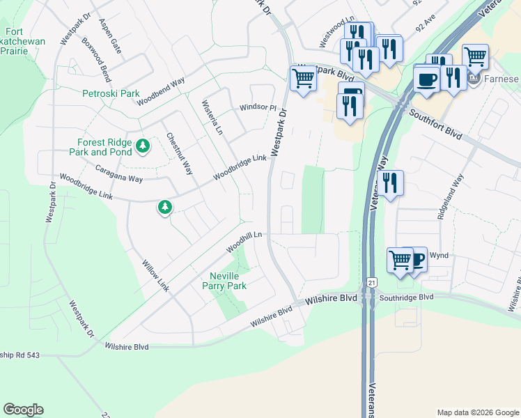 map of restaurants, bars, coffee shops, grocery stores, and more near 42 Wesleyan Court in Fort Saskatchewan