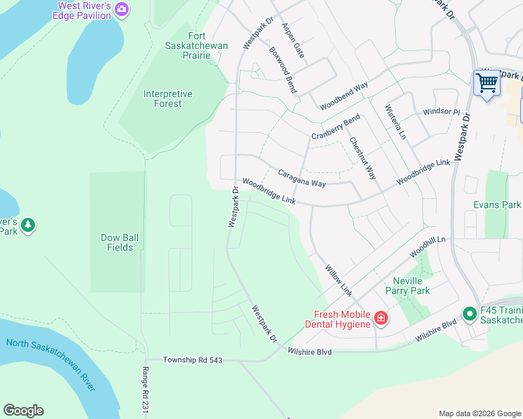 map of restaurants, bars, coffee shops, grocery stores, and more near 39 Caragana Way in Fort Saskatchewan
