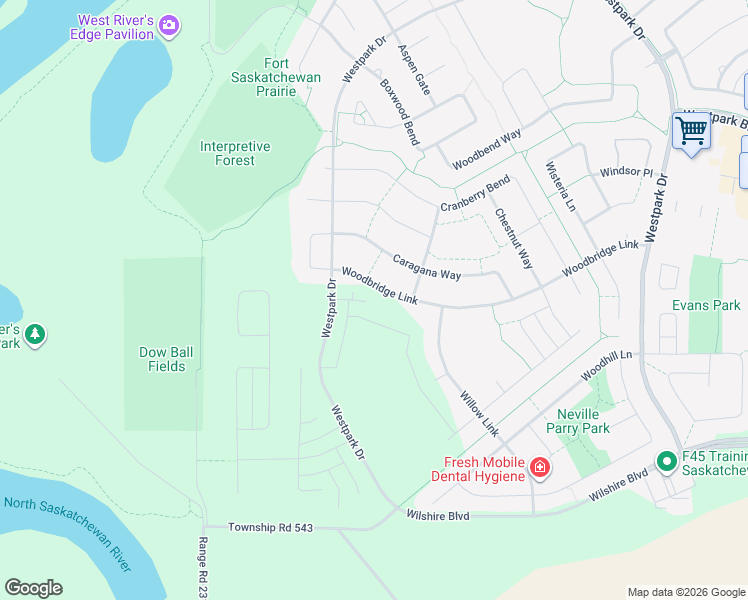 map of restaurants, bars, coffee shops, grocery stores, and more near 39 Caragana Way in Fort Saskatchewan