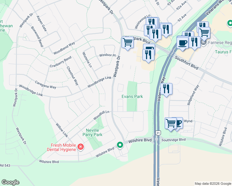 map of restaurants, bars, coffee shops, grocery stores, and more near 15 Woodsmere Close in Fort Saskatchewan