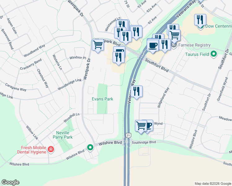 map of restaurants, bars, coffee shops, grocery stores, and more near 75 Woodsmere Close in Fort Saskatchewan