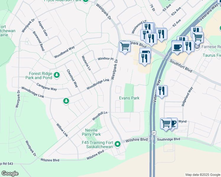 map of restaurants, bars, coffee shops, grocery stores, and more near Westpark Drive in Fort Saskatchewan