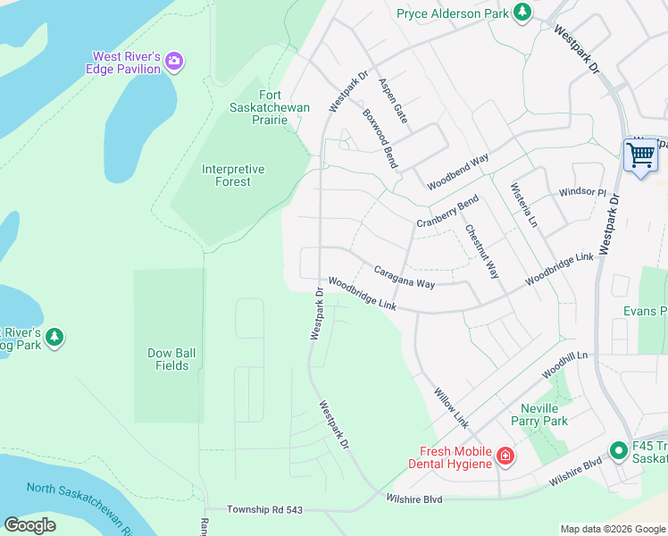 map of restaurants, bars, coffee shops, grocery stores, and more near 46 Woodbridge Link in Fort Saskatchewan