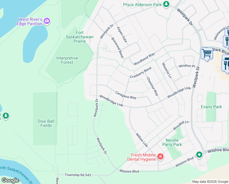 map of restaurants, bars, coffee shops, grocery stores, and more near 39 Caragana Way in Fort Saskatchewan