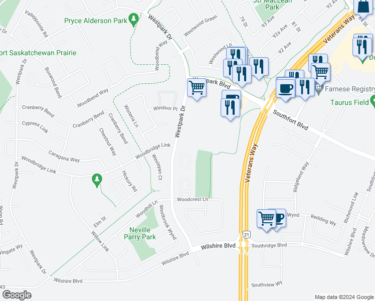 map of restaurants, bars, coffee shops, grocery stores, and more near 3751 Woodsmere Close in Fort Saskatchewan