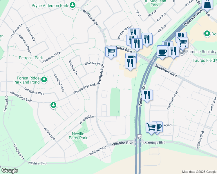 map of restaurants, bars, coffee shops, grocery stores, and more near Woodsmere Close in Fort Saskatchewan