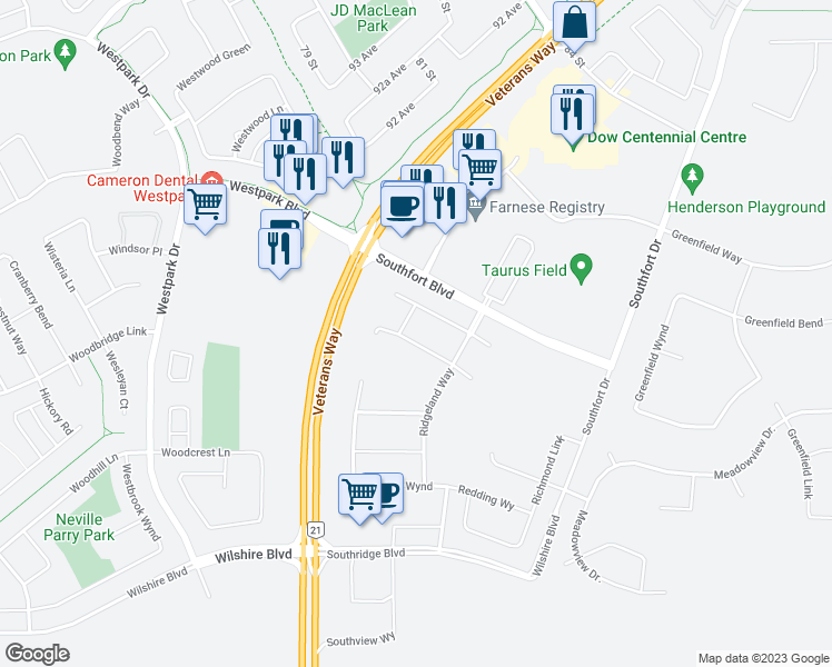 map of restaurants, bars, coffee shops, grocery stores, and more near 62 Red Canyon Way in Fort Saskatchewan