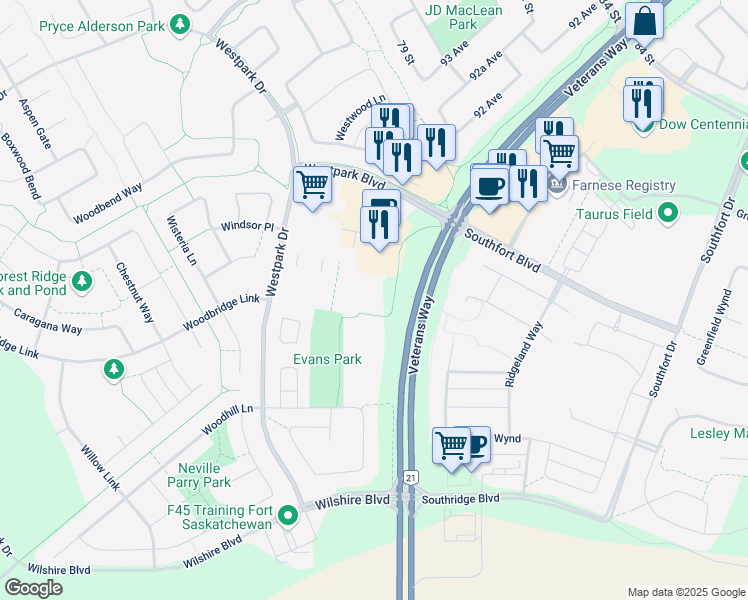 map of restaurants, bars, coffee shops, grocery stores, and more near 70 Woodsmere Close in Fort Saskatchewan