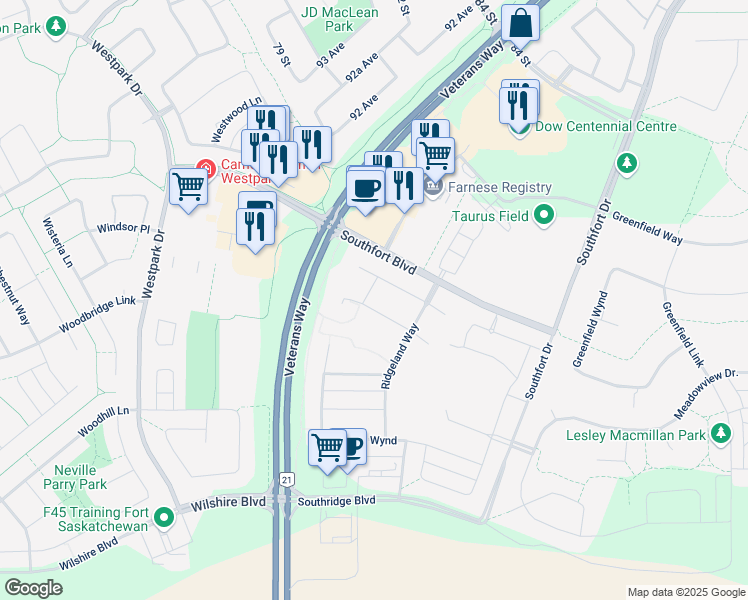 map of restaurants, bars, coffee shops, grocery stores, and more near 58 Red Canyon Way in Fort Saskatchewan