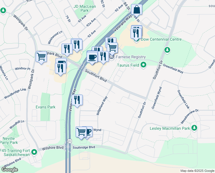 map of restaurants, bars, coffee shops, grocery stores, and more near 7 Red Canyon Way in Fort Saskatchewan