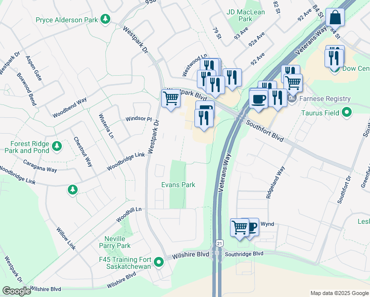 map of restaurants, bars, coffee shops, grocery stores, and more near 50 Woodsmere Close in Fort Saskatchewan