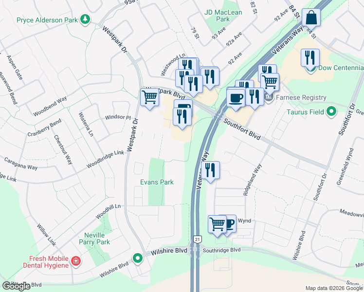 map of restaurants, bars, coffee shops, grocery stores, and more near 70 Woodsmere Close in Fort Saskatchewan