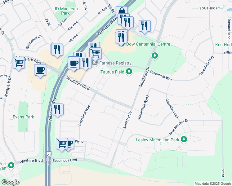 map of restaurants, bars, coffee shops, grocery stores, and more near 8605 Southfort Boulevard in Fort Saskatchewan