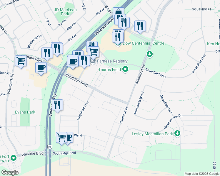 map of restaurants, bars, coffee shops, grocery stores, and more near 8503 Southfort Boulevard in Fort Saskatchewan