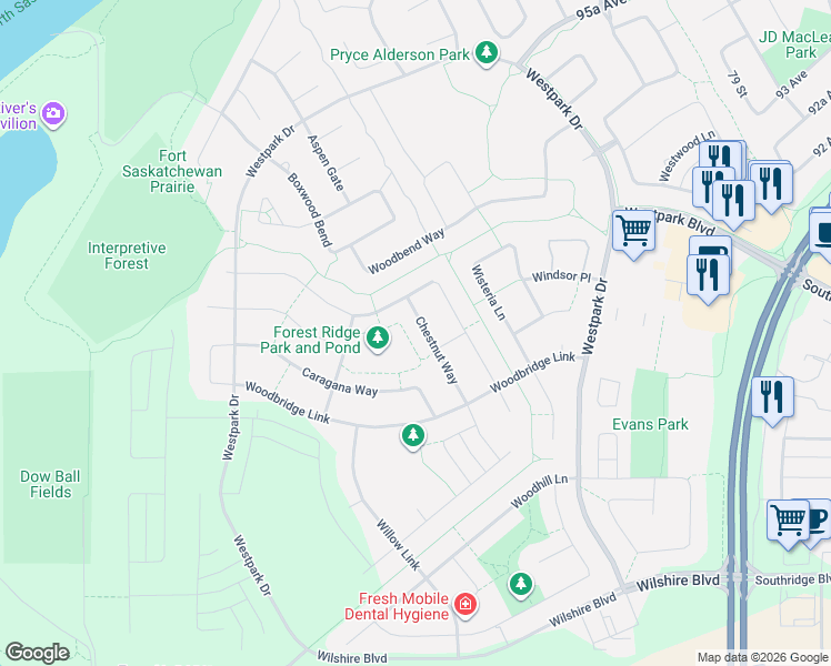 map of restaurants, bars, coffee shops, grocery stores, and more near 69 Chestnut Way in Fort Saskatchewan