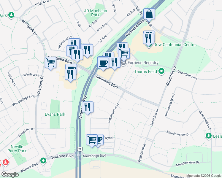 map of restaurants, bars, coffee shops, grocery stores, and more near 29 Red Canyon Way in Fort Saskatchewan