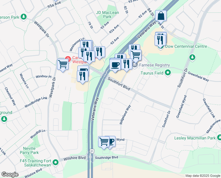 map of restaurants, bars, coffee shops, grocery stores, and more near 18 Reed Court in Fort Saskatchewan