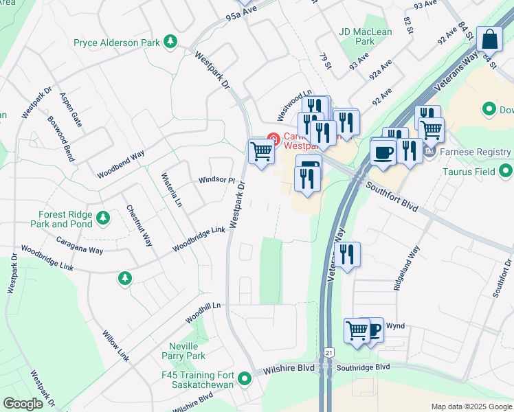 map of restaurants, bars, coffee shops, grocery stores, and more near 114 Westpark Drive in Fort Saskatchewan